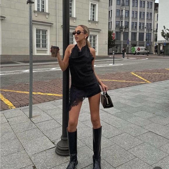 Zara elegant Black Satin Lace-Trim Halter Top - Picture 6 of 15